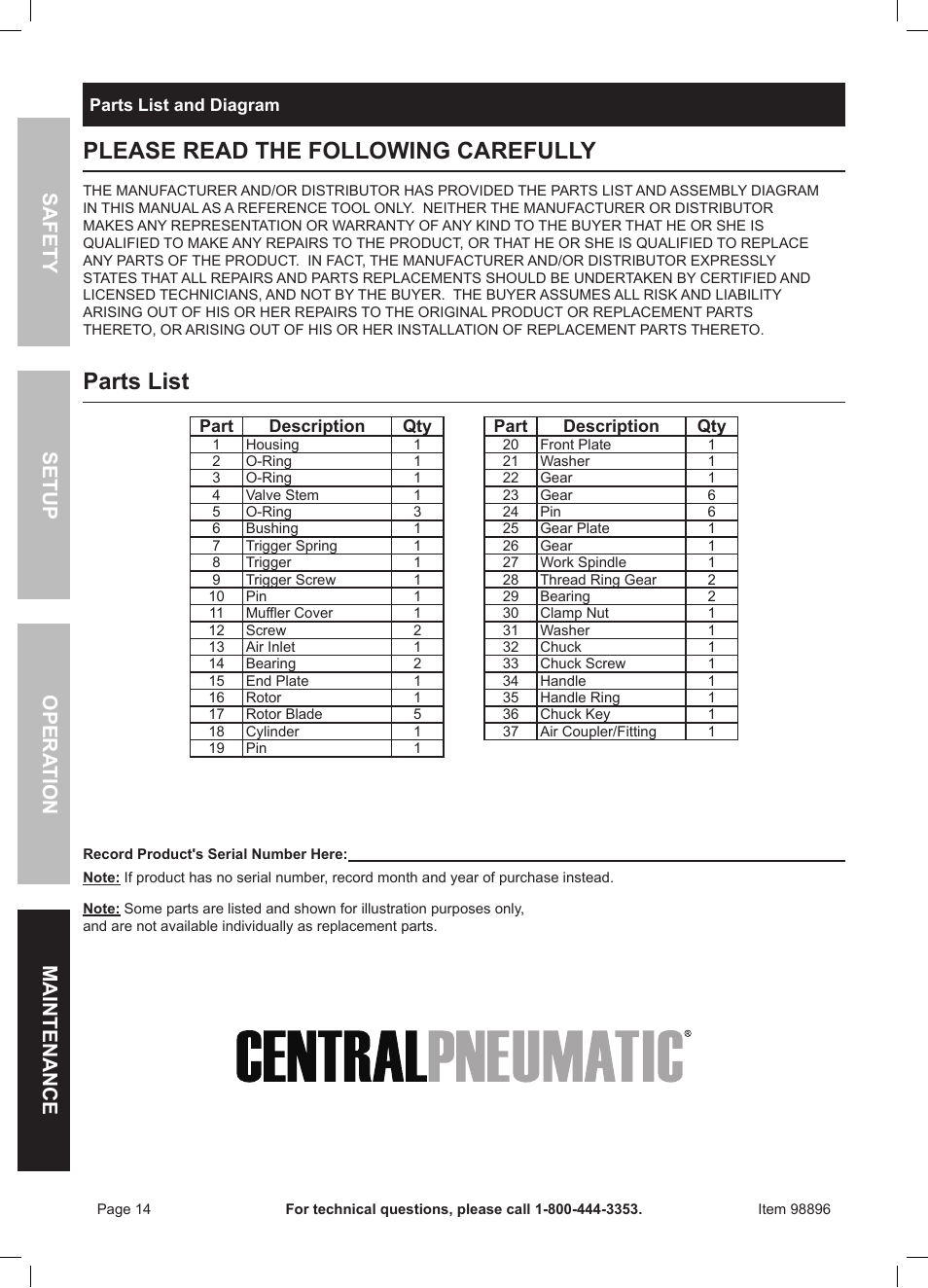 Please read the following carefully, Parts list, Safet y op era tion m aintenan c e setu p | Harbor Freight Tools 98896 User Manual | Page 14 / 16