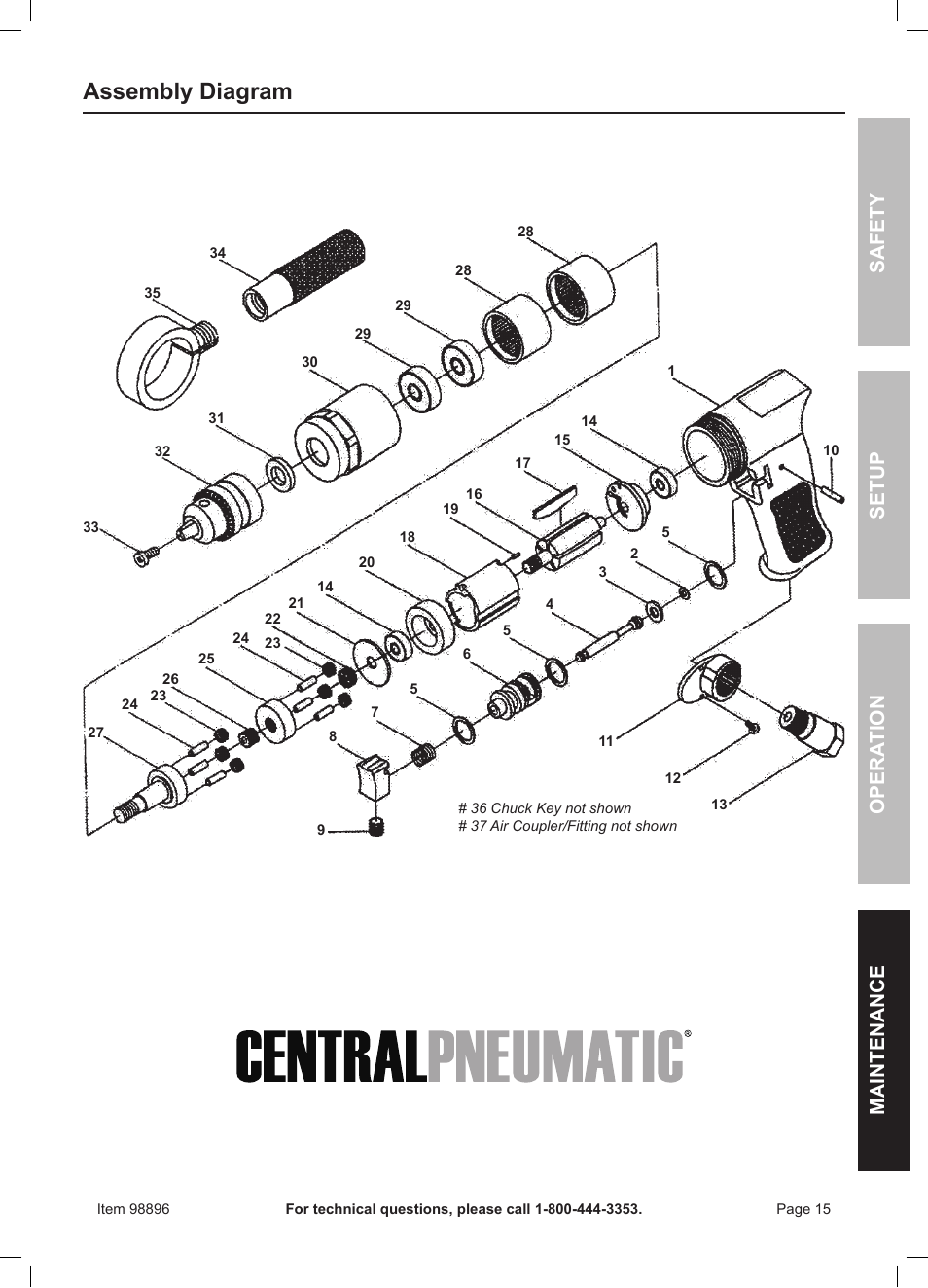 Assembly diagram, Safet y op era tion m aintenan c e setu p | Harbor Freight Tools 98896 User Manual | Page 15 / 16