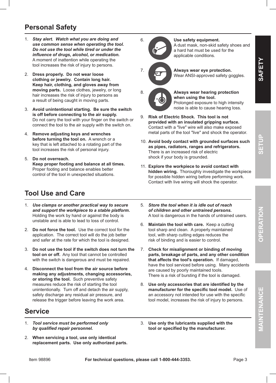 Personal safety, Tool use and care, Service | Safet y op era tion m aintenan c e setu p | Harbor Freight Tools 98896 User Manual | Page 3 / 16