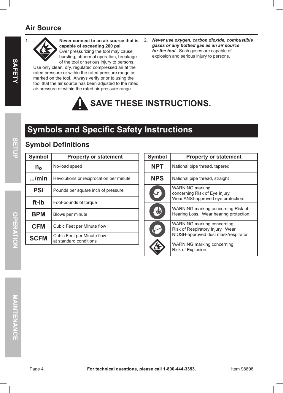 Air source, Symbol definitions, Safet y op era tion m aintenan c e setu p | Ft-lb, Scfm | Harbor Freight Tools 98896 User Manual | Page 4 / 16