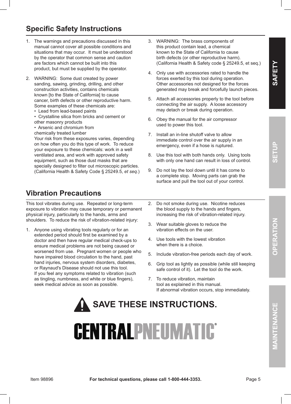 Save these instructions, Specific safety instructions, Vibration precautions | Safet y op era tion m aintenan c e setu p | Harbor Freight Tools 98896 User Manual | Page 5 / 16