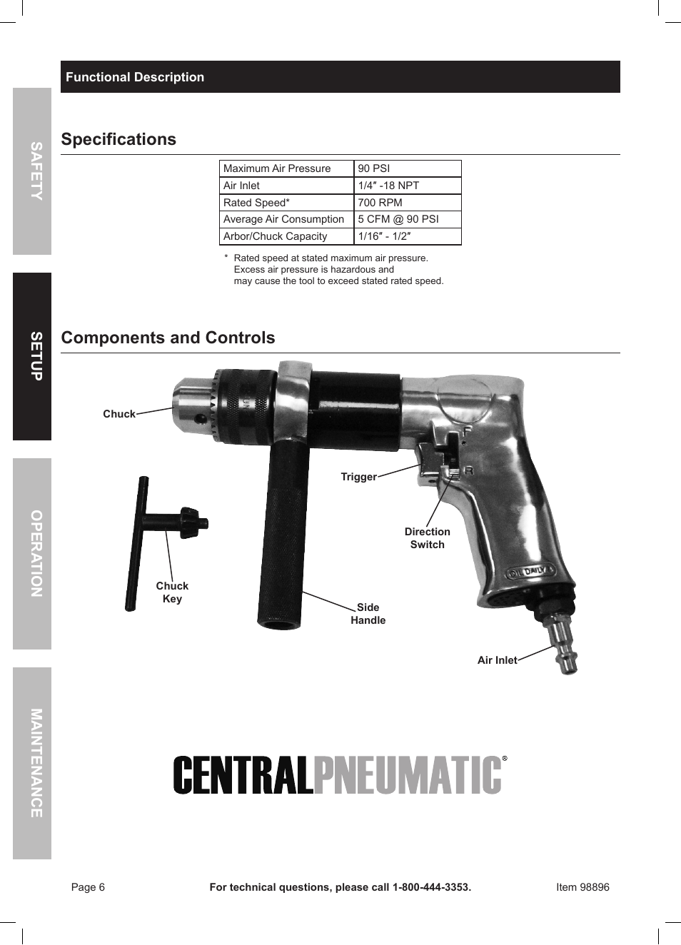 Specifications, Components and controls, Safet y op era tion m aintenan c e setu p | Harbor Freight Tools 98896 User Manual | Page 6 / 16