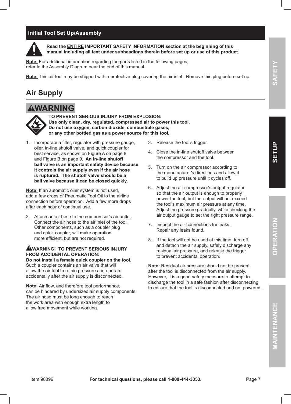 Air supply, Safet y op era tion m aintenan c e setu p | Harbor Freight Tools 98896 User Manual | Page 7 / 16