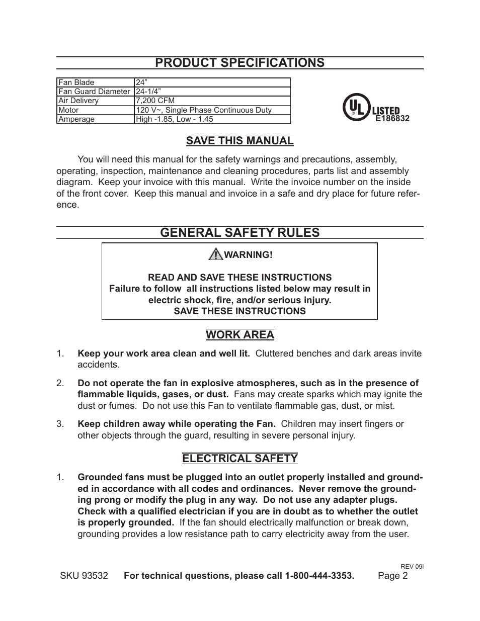 Product specifications, General safety rules | Harbor Freight Tools 93532 User Manual | Page 2 / 9