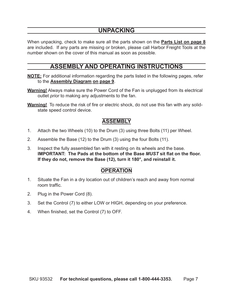 Unpacking, Assembly and operating instructions | Harbor Freight Tools 93532 User Manual | Page 7 / 9