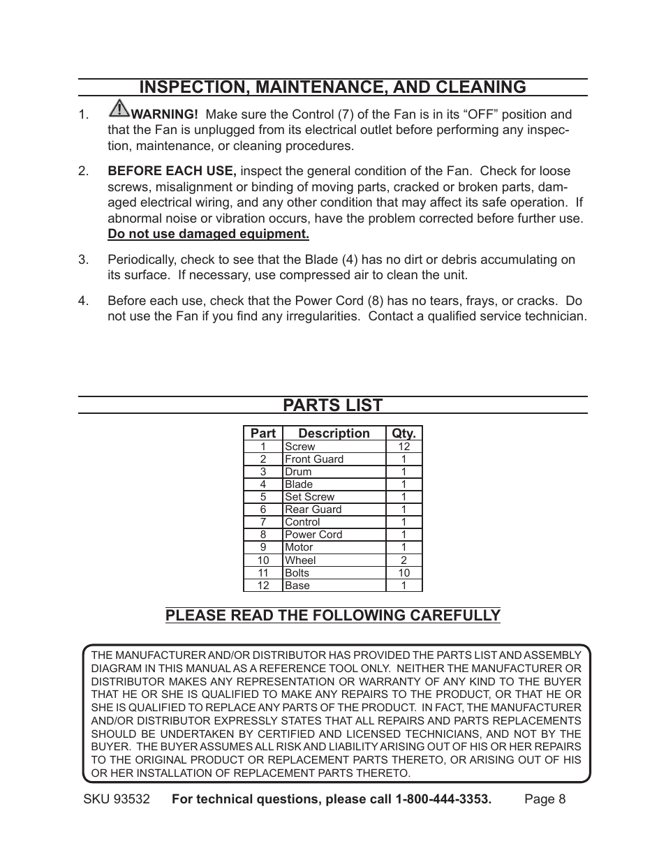 Parts list, Inspection, maintenance, and cleaning, Please read the following carefully | Harbor Freight Tools 93532 User Manual | Page 8 / 9