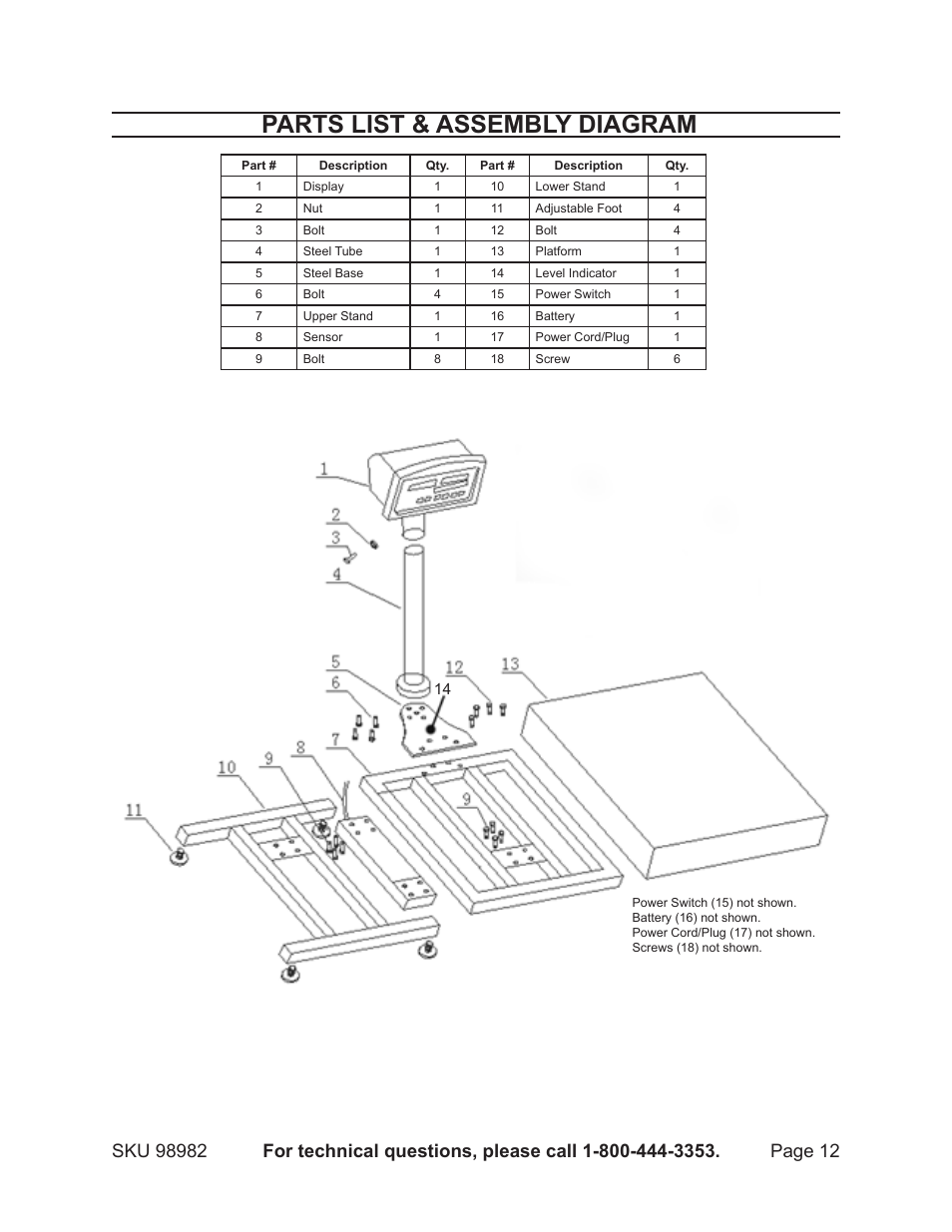 Parts list & assembly diagram | Harbor Freight Tools CEN-TECH 98982 User Manual | Page 12 / 13