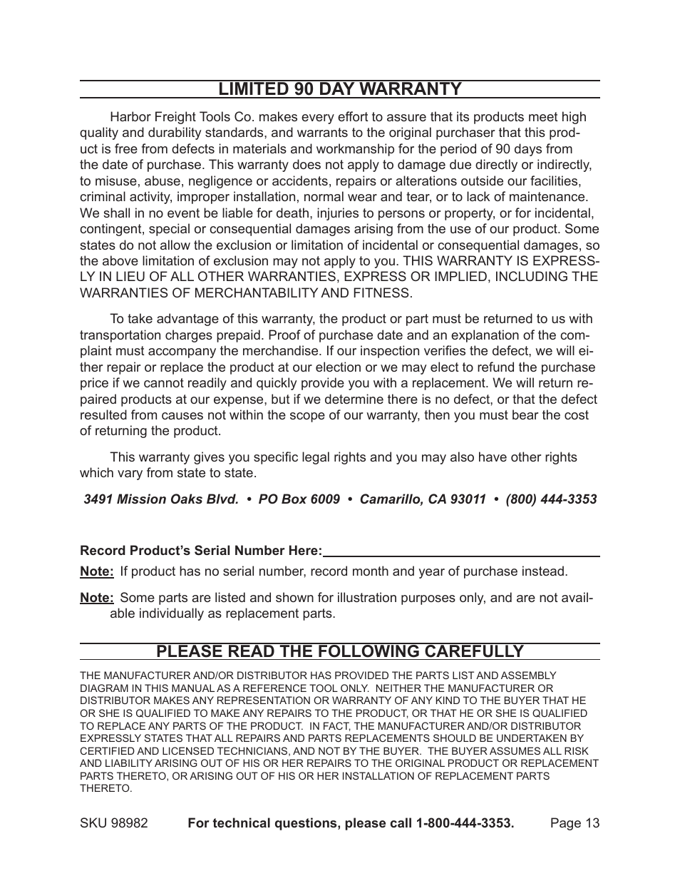 Limited 90 day warranty, Please read the following carefully | Harbor Freight Tools CEN-TECH 98982 User Manual | Page 13 / 13