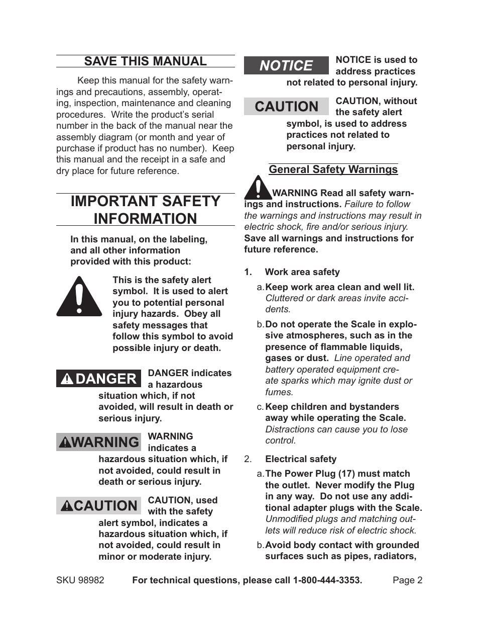 Important safety information, Save this manual | Harbor Freight Tools CEN-TECH 98982 User Manual | Page 2 / 13