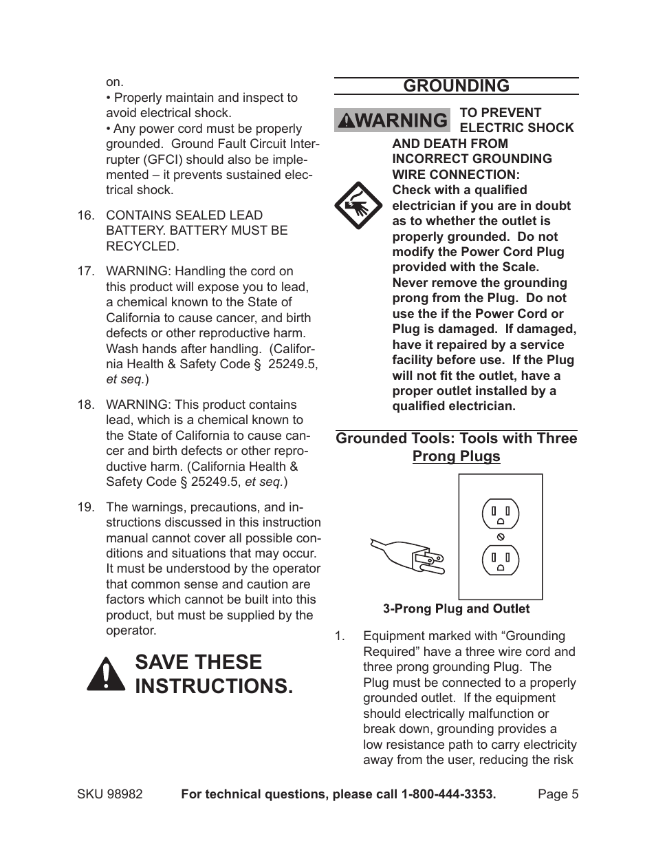 Save these instructions, Grounding | Harbor Freight Tools CEN-TECH 98982 User Manual | Page 5 / 13