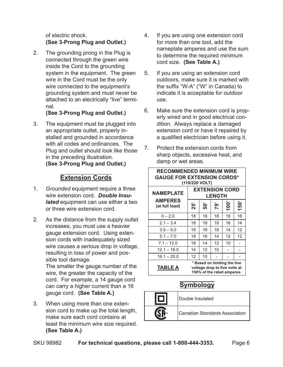 Extension cords, Symbology | Harbor Freight Tools CEN-TECH 98982 User Manual | Page 6 / 13