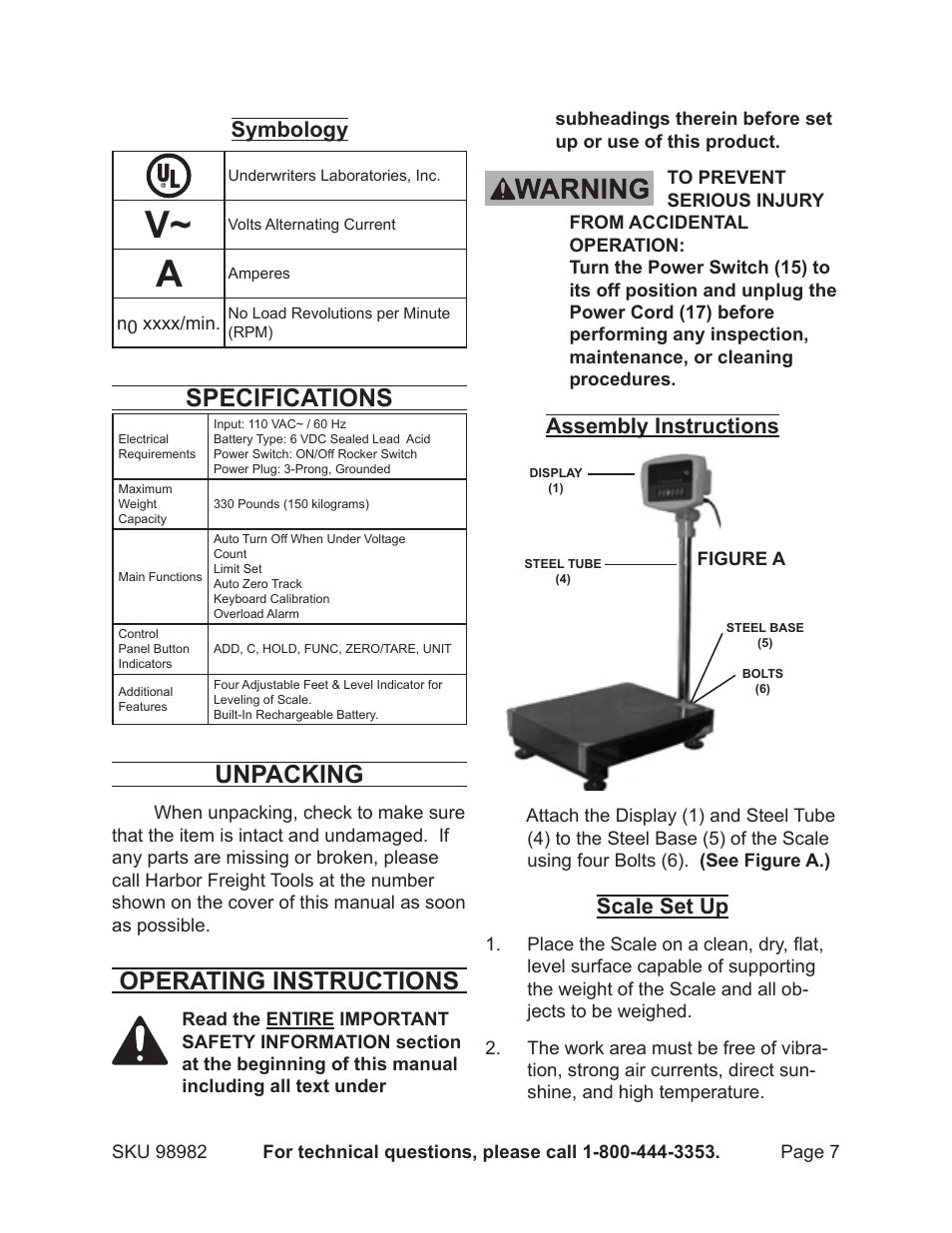 Specifications, Unpacking, Operating instructions | Symbology, Assembly instructions, Scale set up | Harbor Freight Tools CEN-TECH 98982 User Manual | Page 7 / 13