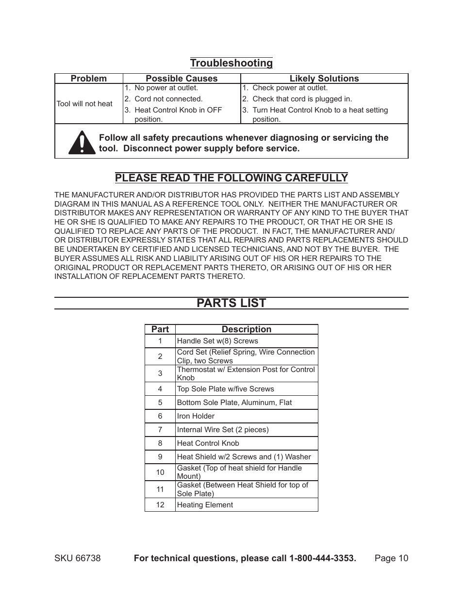 Parts list, Troubleshooting, Please read the following carefully | Harbor Freight Tools 66738 User Manual | Page 10 / 12