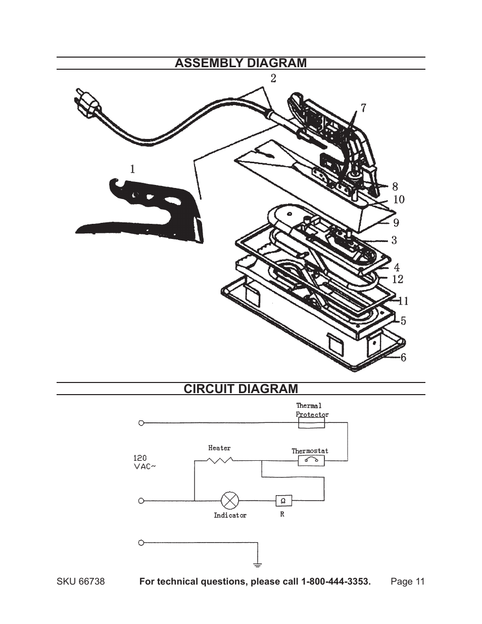 Assembly diagram circuit diagram | Harbor Freight Tools 66738 User Manual | Page 11 / 12