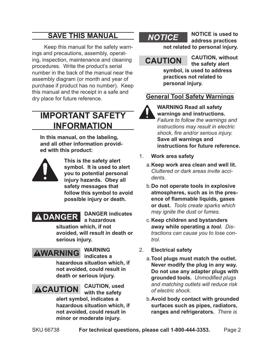 Important safety information, Save this manual | Harbor Freight Tools 66738 User Manual | Page 2 / 12