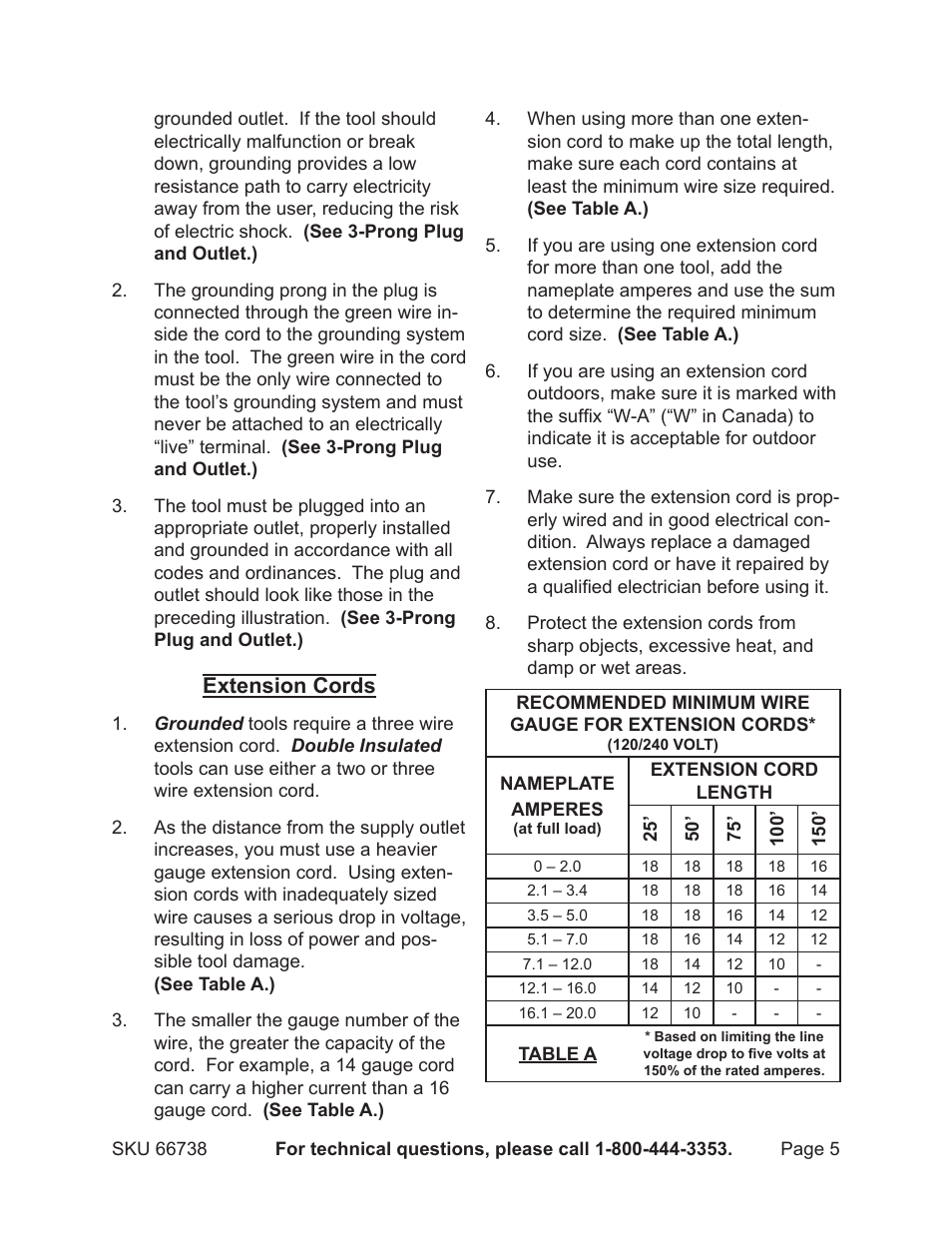 Extension cords | Harbor Freight Tools 66738 User Manual | Page 5 / 12