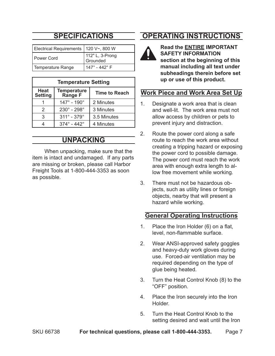 Specifications, Unpacking, Operating instructions | Harbor Freight Tools 66738 User Manual | Page 7 / 12