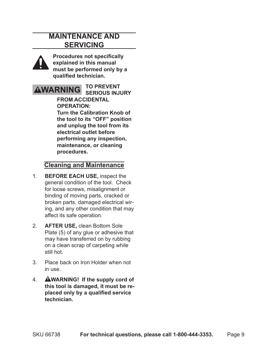 Maintenance and servicing | Harbor Freight Tools 66738 User Manual | Page 9 / 12