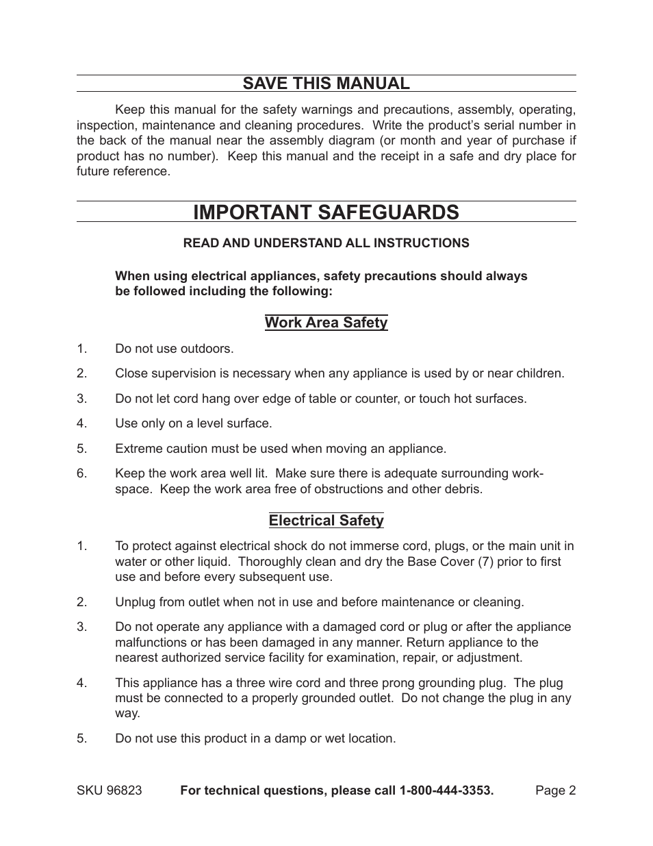 Important safeguards, Save this manual | Harbor Freight Tools 96823 User Manual | Page 2 / 8