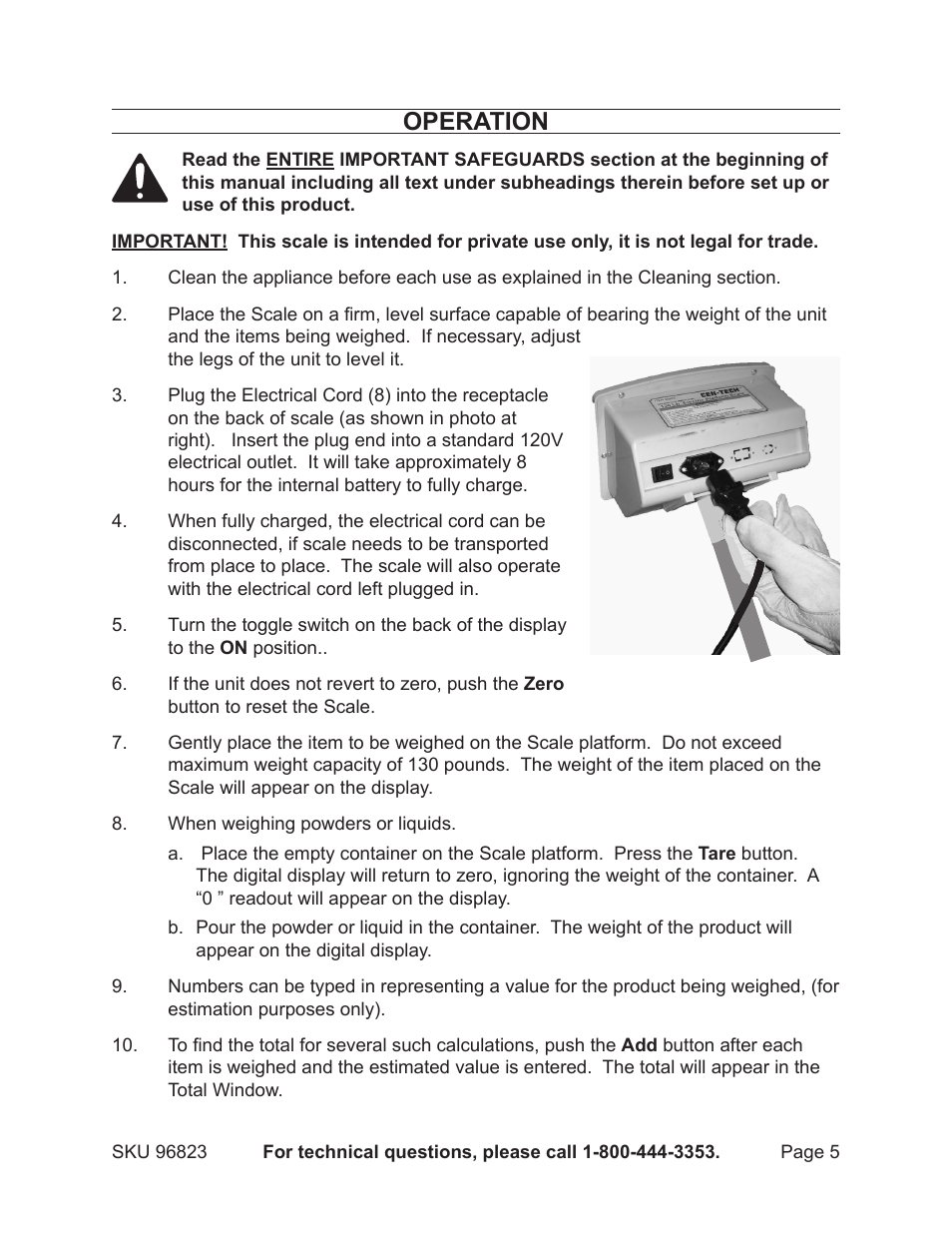 Operation | Harbor Freight Tools 96823 User Manual | Page 5 / 8