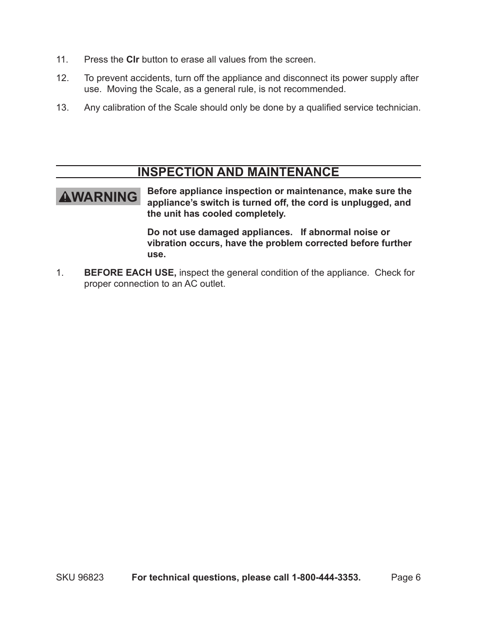 Warning, Inspection and maintenance | Harbor Freight Tools 96823 User Manual | Page 6 / 8