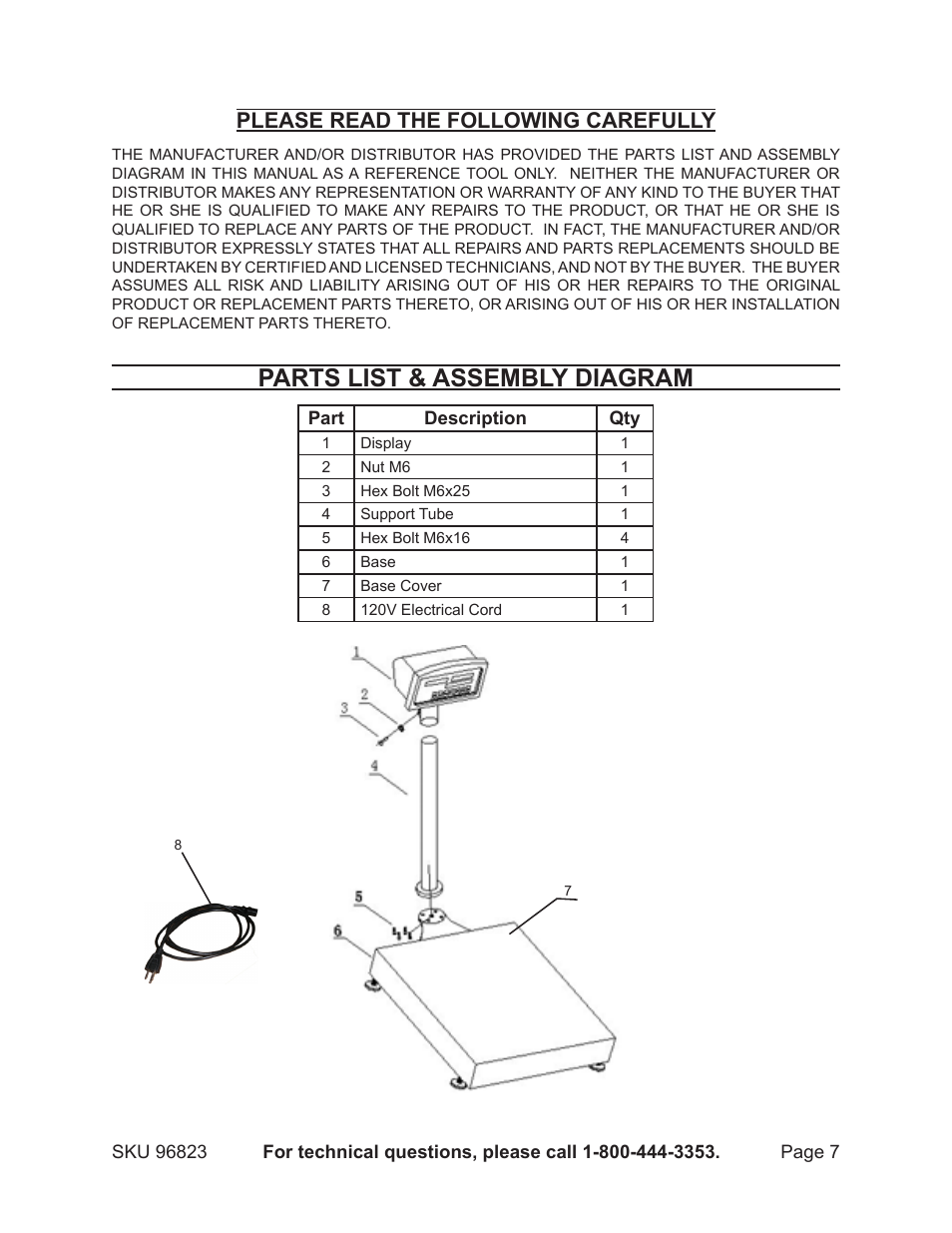 Parts list & assembly diagram, Please read the following carefully | Harbor Freight Tools 96823 User Manual | Page 7 / 8