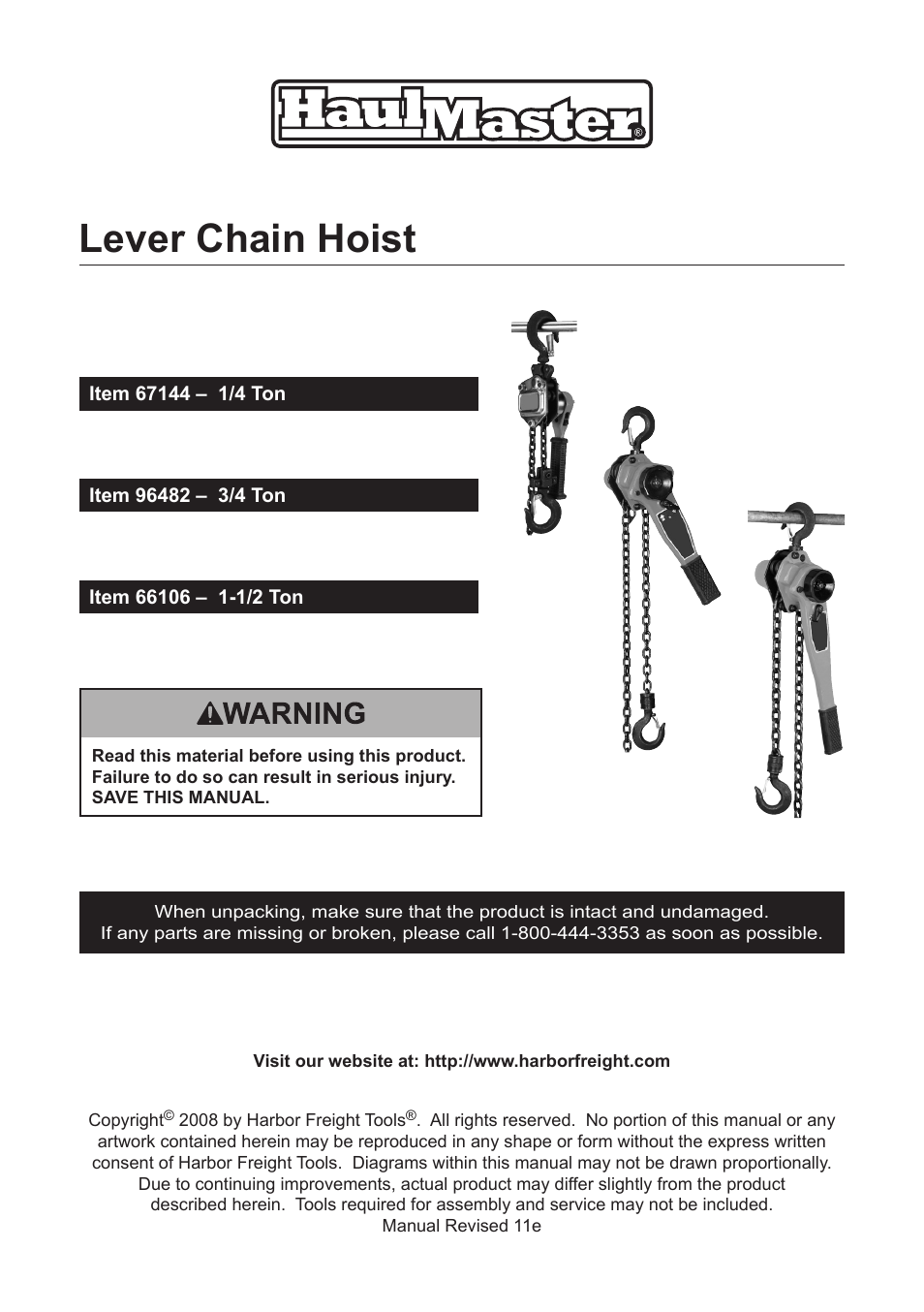 Harbor Freight Tools LEver Chain Hoist 69482 User Manual | 12 pages