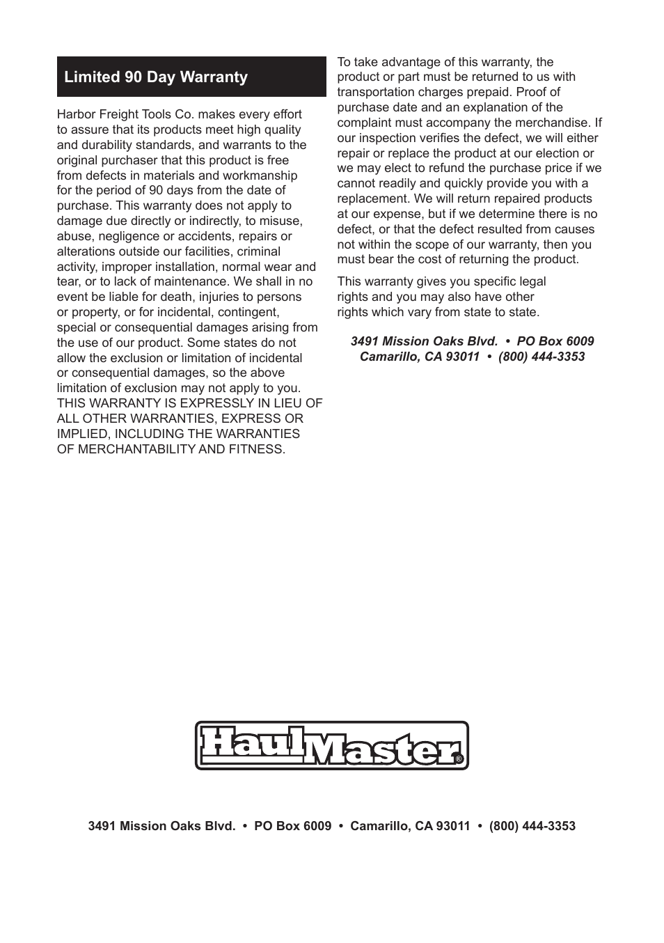 Limited 90 day warranty | Harbor Freight Tools LEver Chain Hoist 69482 User Manual | Page 12 / 12