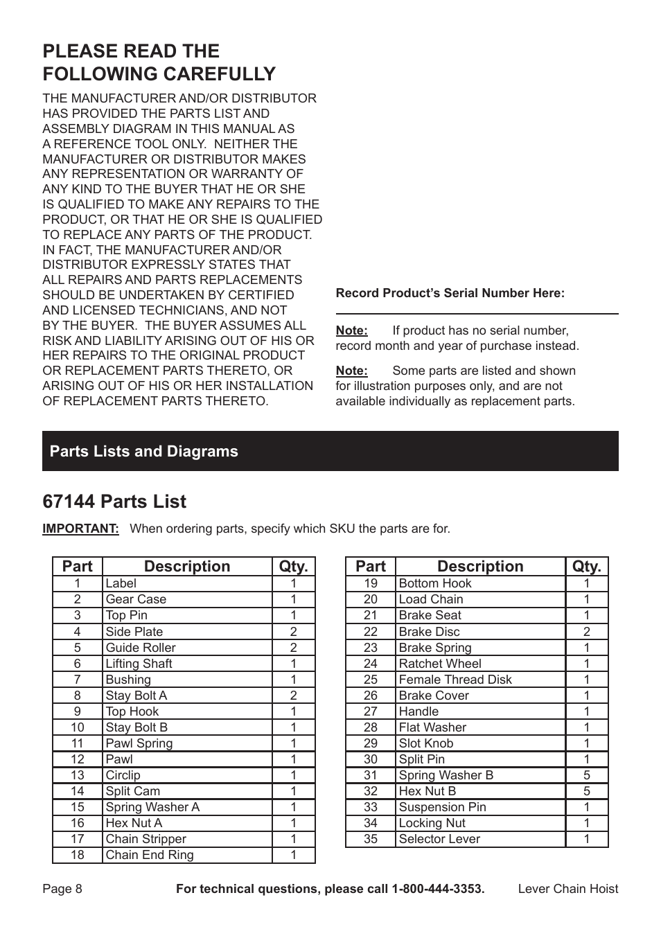 Please read the following carefully, Part description qty, Parts lists and diagrams | Harbor Freight Tools LEver Chain Hoist 69482 User Manual | Page 8 / 12