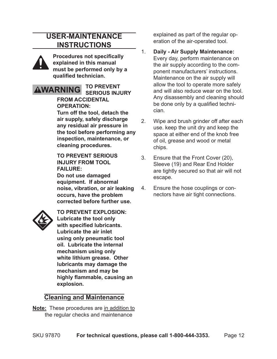 User-maintenance instructions | Harbor Freight Tools 97870 User Manual | Page 12 / 16