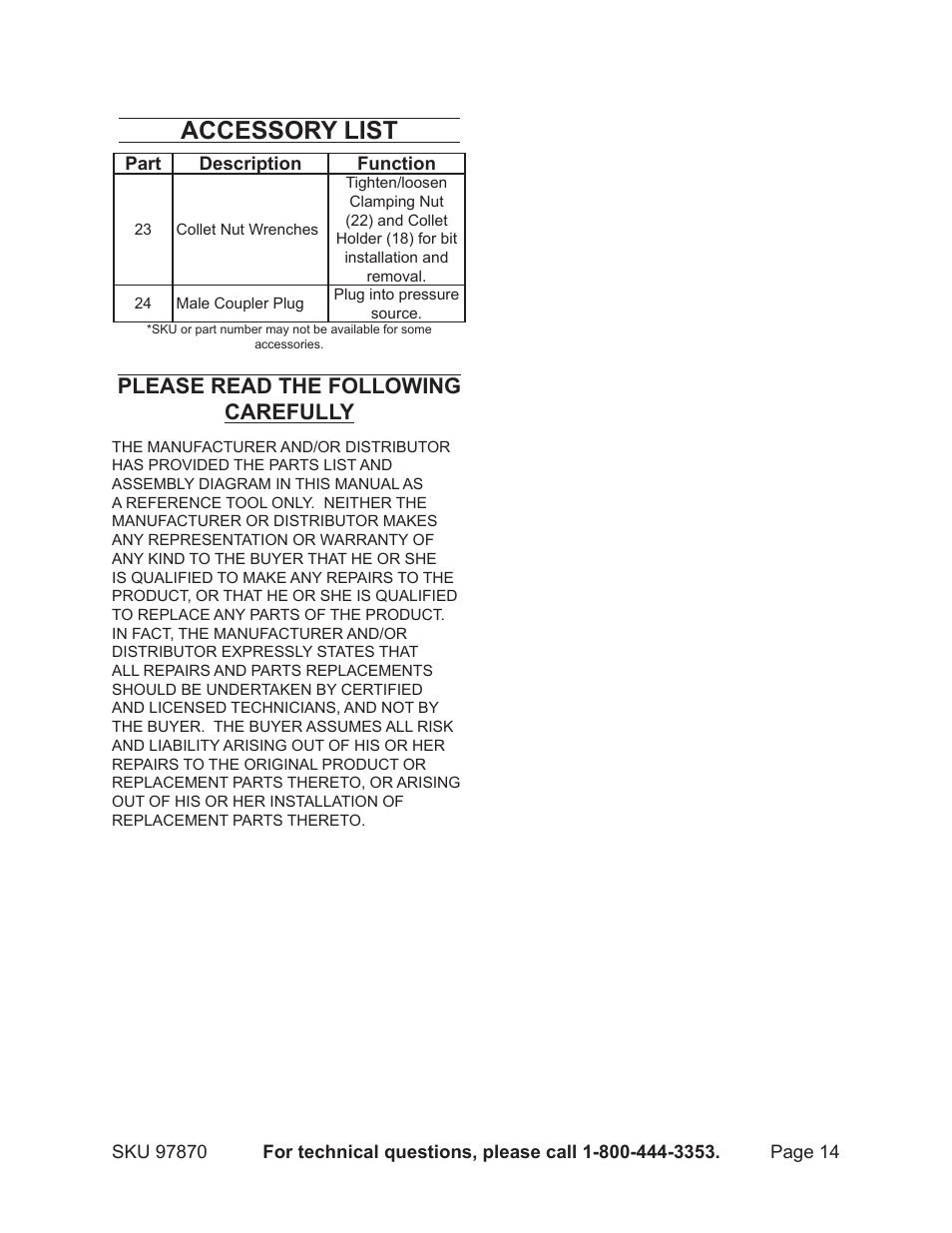 Accessory list, Please read the following carefully | Harbor Freight Tools 97870 User Manual | Page 14 / 16