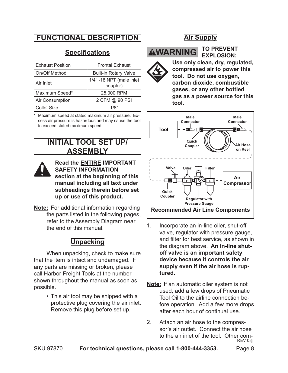 Functional description, Initial tool set up/ assembly, Specifications | Unpacking, Air supply | Harbor Freight Tools 97870 User Manual | Page 8 / 16