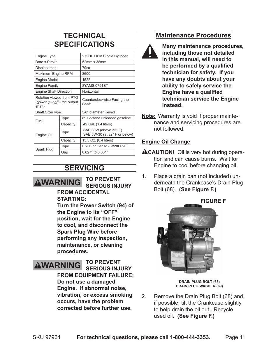 Technical specifications, Servicing, Maintenance procedures | Harbor Freight Tools GREYHOUND 97964 User Manual | Page 11 / 20