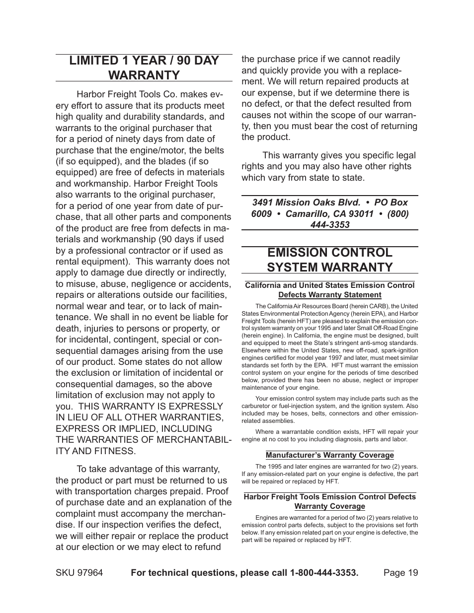 Limited 1 year / 90 day warranty, Emission control system warranty | Harbor Freight Tools GREYHOUND 97964 User Manual | Page 19 / 20