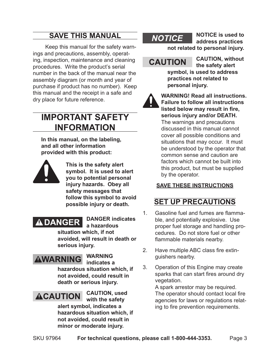 Important safety information, Save this manual, Set up precautions | Harbor Freight Tools GREYHOUND 97964 User Manual | Page 3 / 20