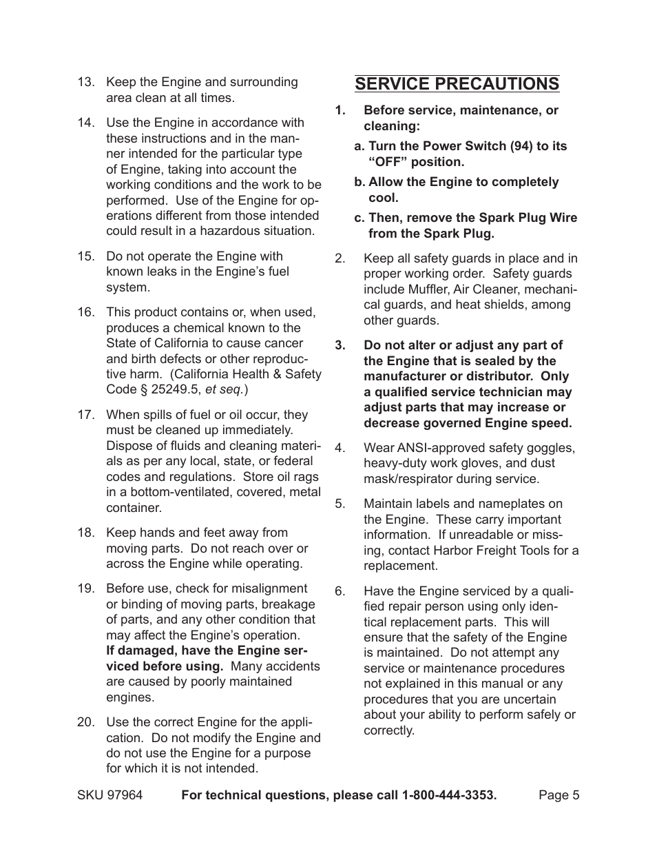 Service precautions | Harbor Freight Tools GREYHOUND 97964 User Manual | Page 5 / 20