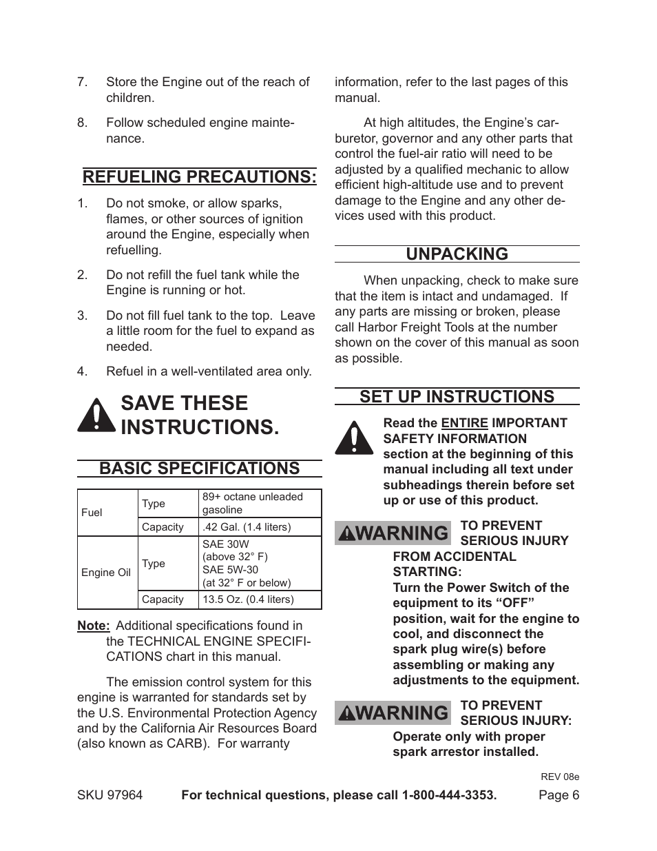 Save these instructions, Refueling precautions, Basic specifications | Unpacking, Set up instructions | Harbor Freight Tools GREYHOUND 97964 User Manual | Page 6 / 20