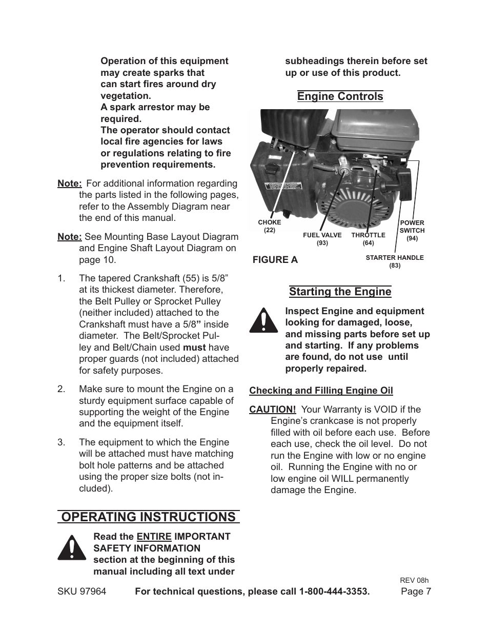 Operating instructions, Engine controls, Starting the engine | Harbor Freight Tools GREYHOUND 97964 User Manual | Page 7 / 20