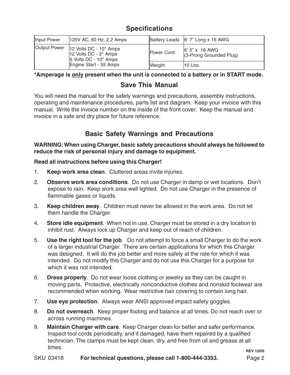 Specifications, Save this manual, Basic safety warnings and precautions | Harbor Freight Tools 03418 User Manual | Page 2 / 11