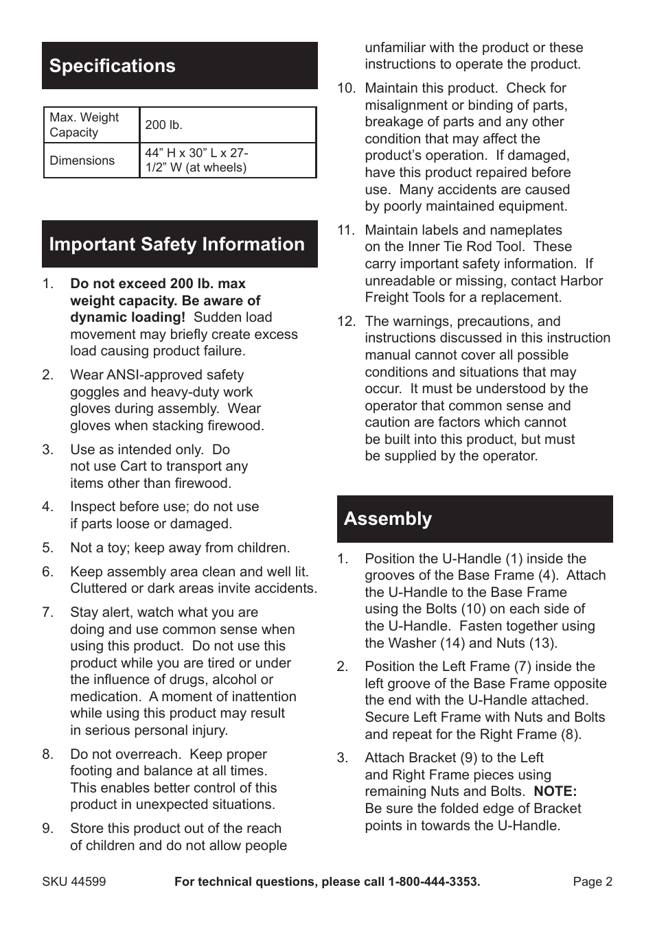 Specifications, Important safety information, Assembly | Harbor Freight Tools 44599 User Manual | Page 2 / 4