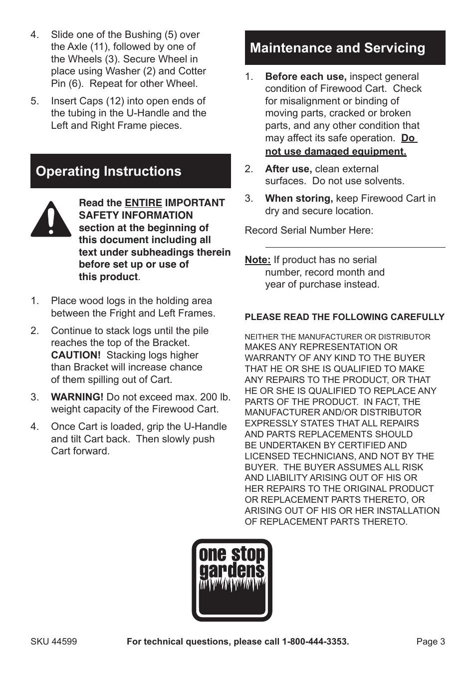 Operating instructions, Maintenance and servicing | Harbor Freight Tools 44599 User Manual | Page 3 / 4