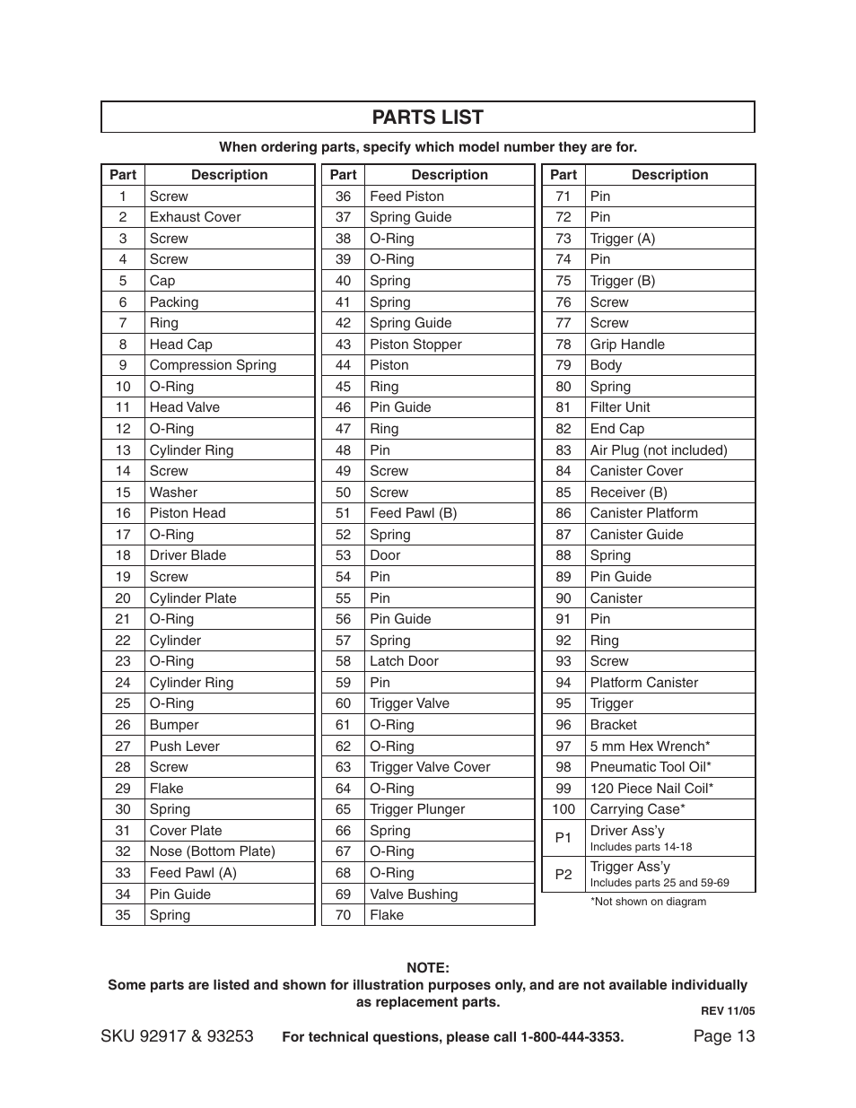 Parts list | Harbor Freight Tools 93253 User Manual | Page 13 / 14