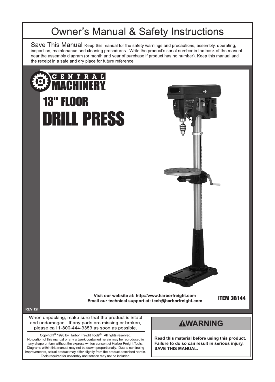 Harbor Freight Tools 13" FLOOR DRILL PRESS 38144 User Manual | 16 pages