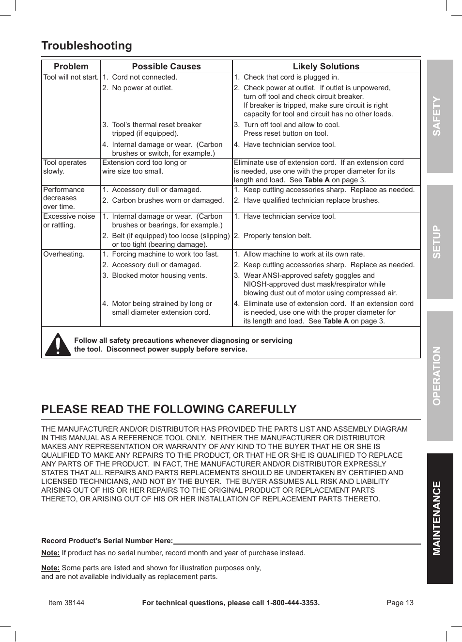 Troubleshooting, Please read the following carefully, Safety opera tion maintenance setup | Harbor Freight Tools 13" FLOOR DRILL PRESS 38144 User Manual | Page 13 / 16