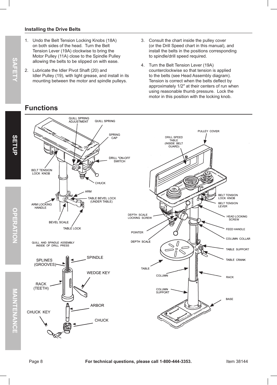 Functions, Safety opera tion maintenance setup | Harbor Freight Tools 13" FLOOR DRILL PRESS 38144 User Manual | Page 8 / 16