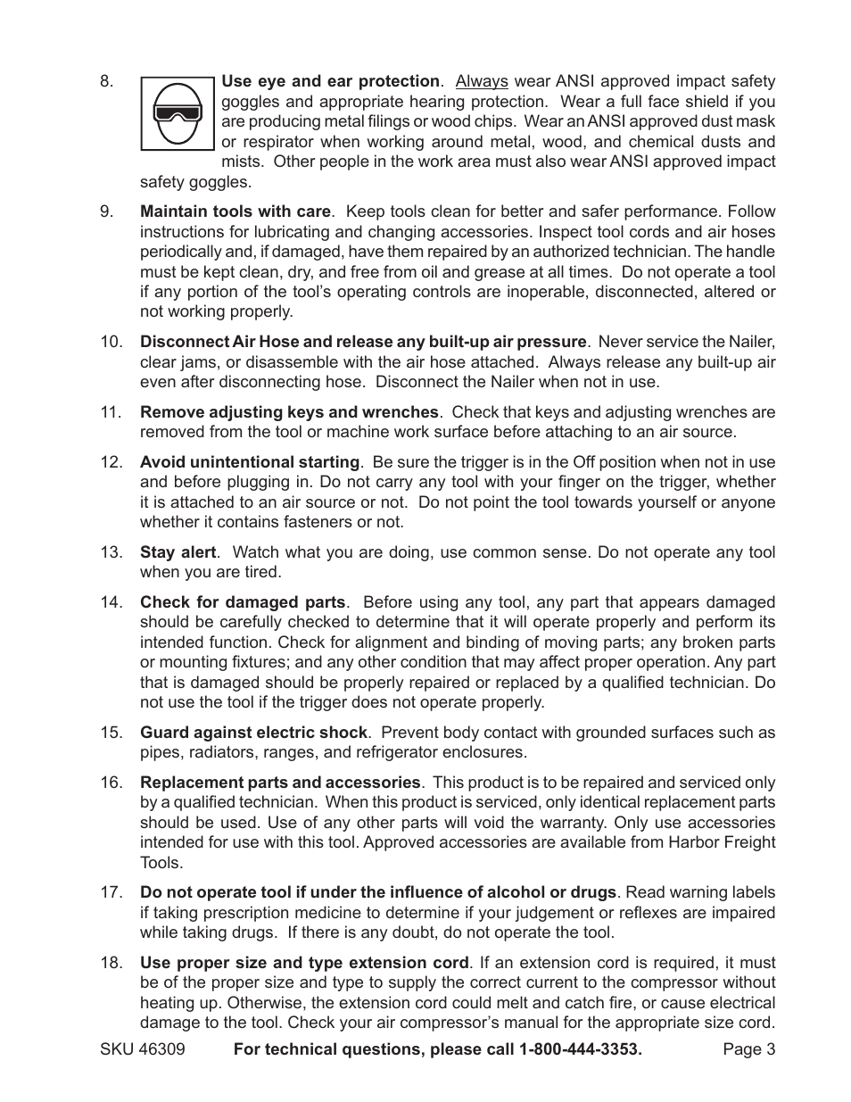 Harbor Freight Tools CENTRAL PNEUMATIC 46309 User Manual | Page 3 / 11