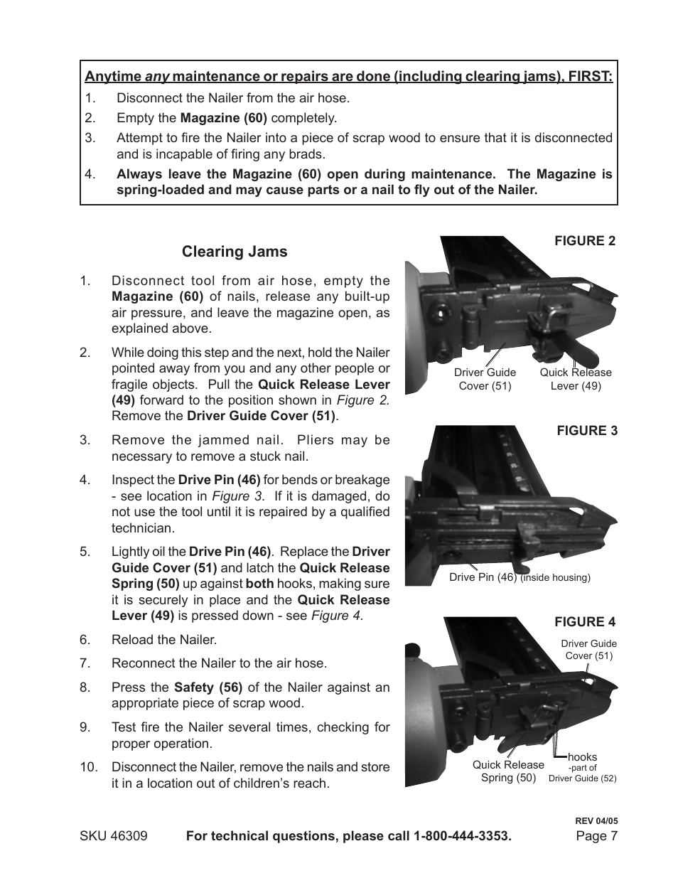 Clearing jams | Harbor Freight Tools CENTRAL PNEUMATIC 46309 User Manual | Page 7 / 11