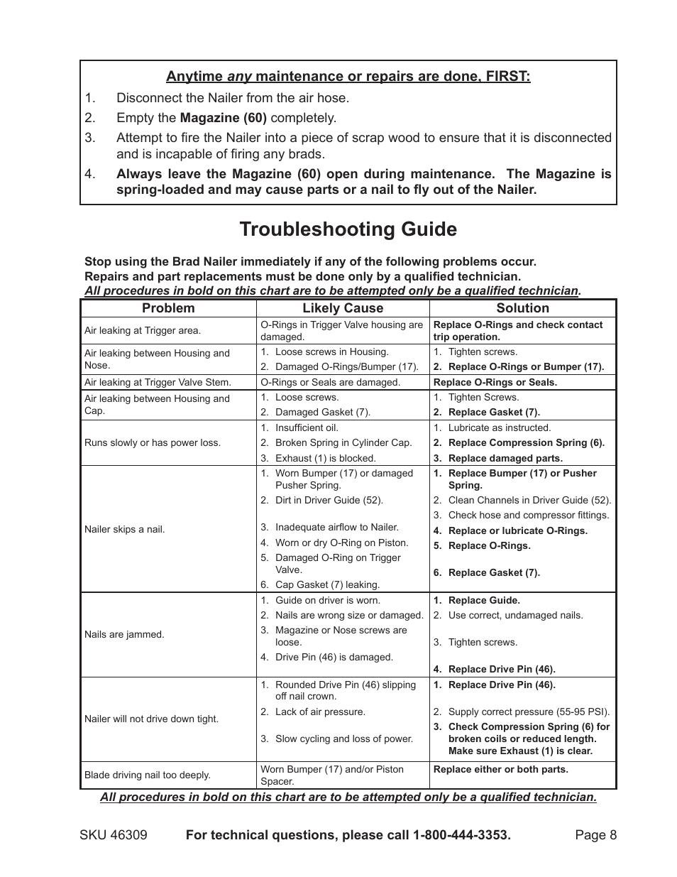 Troubleshooting guide, Anytime any maintenance or repairs are done, first | Harbor Freight Tools CENTRAL PNEUMATIC 46309 User Manual | Page 8 / 11