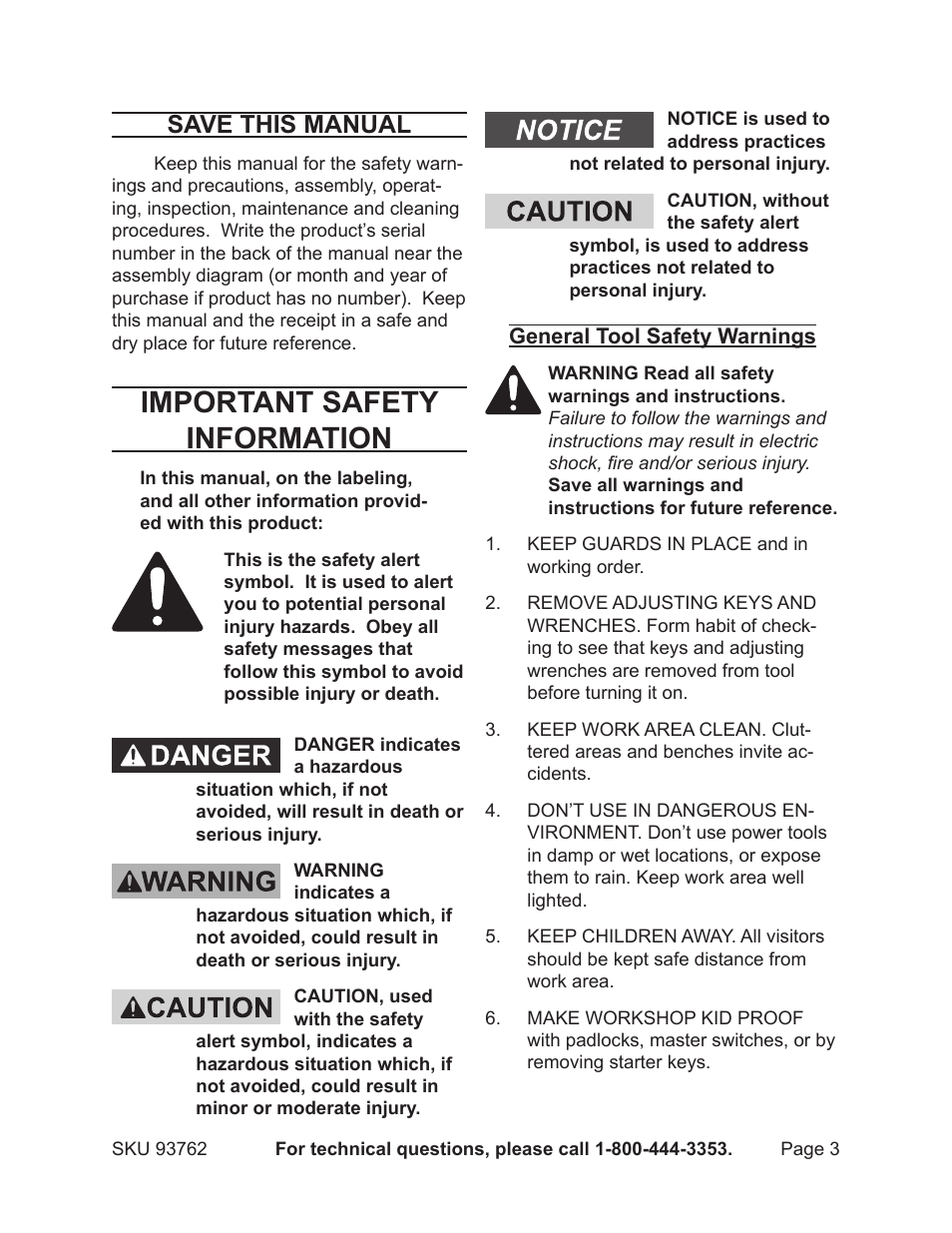 Important safety information, Save this manual | Harbor Freight Tools METAL CUTTING BANDSAW 93762 User Manual | Page 3 / 29