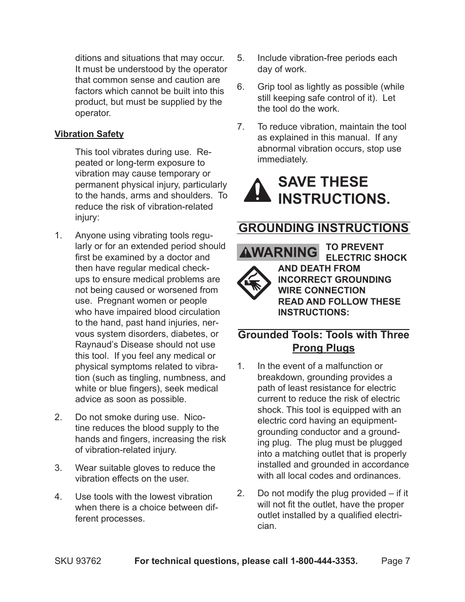 Save these instructions, Grounding instructions | Harbor Freight Tools METAL CUTTING BANDSAW 93762 User Manual | Page 7 / 29